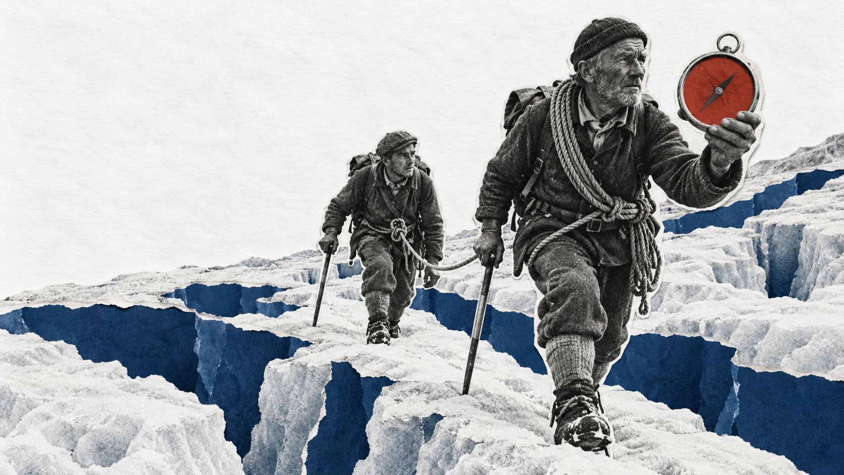Editorial collage: two 1930s mountain guides roped together crossing a glacier, the older one holding up a compass whose face is a red paper circle, torn navy paper as the crevasses.