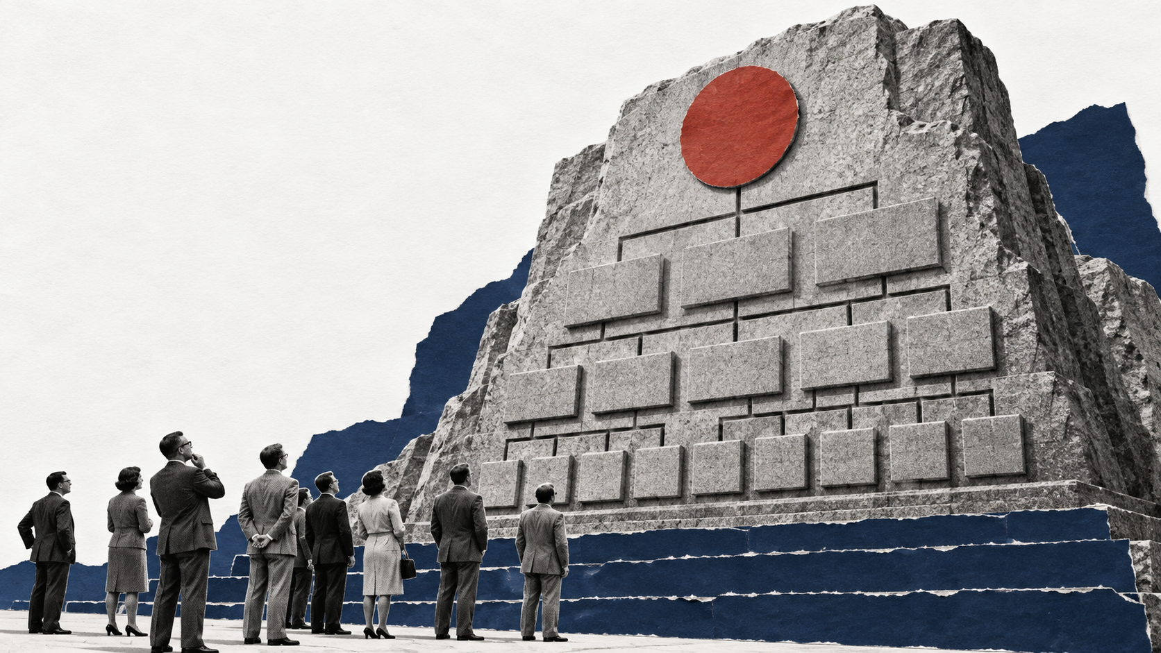 Editorial collage: an organisation chart carved in granite like a monument, 1960s office workers looking up at it, a red paper circle as the chart's top box.
