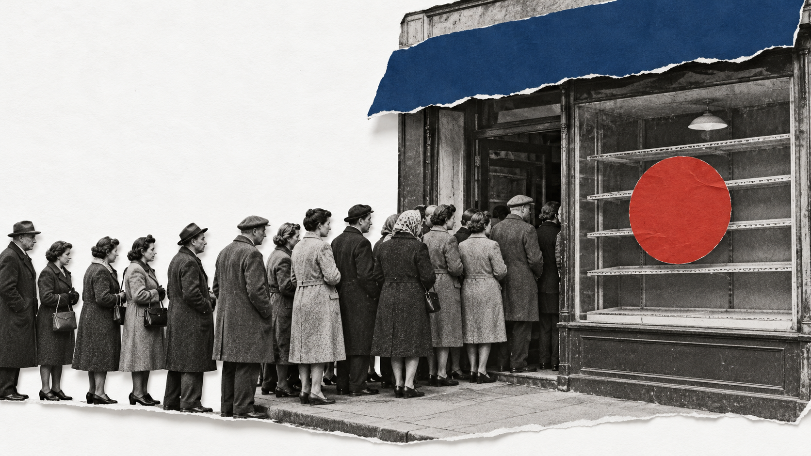 Editorial collage: a 1950s bakery with empty shelves and a long queue outside, a red paper circle stuck on the window like a sold-out sticker.